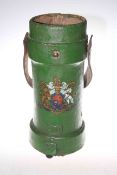 Crested cylindrical stick stand, with green ground and leather handle,