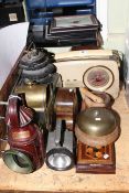 Five assorted vintage lamps, walnut mantel clock, vintage bush radio, inlaid bookslide, table bell,