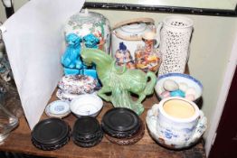 Collection of Oriental pottery including teapot, ginger jar, pair of dogs of fo, bowls,