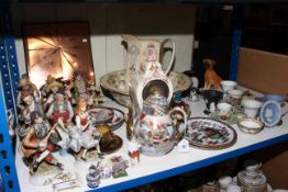 Toilet jug and bowl, pottery clock, figures, Oriental and other china, copper wall clock,