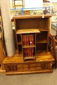 Rectangular hardwood entertainment unit, two oak open bookcases, children's encyclopedia,
