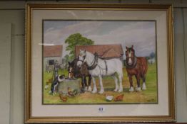 DM Alderson, Three Horses and other Animals at a Water Trough, watercolour,