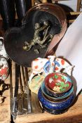 Copper coal scuttle, pair of brass andirons and fire irons, Staffordshire cow group,