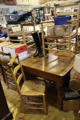 Rectangular pine turned leg kitchen table, 183cm long,