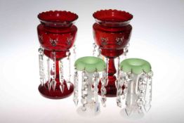Two pairs of glass table lustres with drops