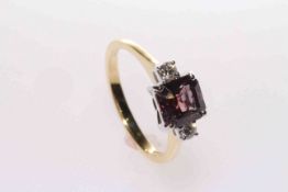 18 carat yellow gold fancy sapphire and round brilliant diamond three-stone ring,