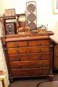 Victorian mahogany seven drawer chest, mahogany two door wall cupboard, occasional table,
