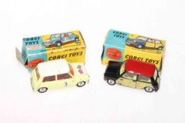 Two Corgi models, Mini Cooper with wickerwork 249 and Mini Cooper Competition 227,