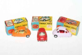 Three Corgi Heinkel Economy cars 233, red, lilac and orange,