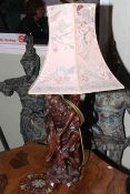 Carved Oriental figure lamp with silk shade