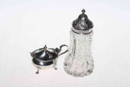 Silver lidded mustard pot and silver topped crystal caster (2)