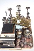 Brass doorstop and wall pocket, collection of silver plate including candelabra,