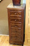 Slim walnut marble topped chest having three drawers and fall front with marble interior,