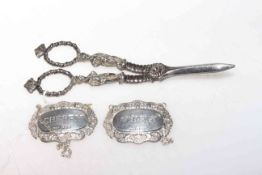 Silver Whisky and Sherry labels and Victorian silver plated grape scissors