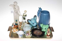 Tray lot with Parian figure, pot lid, Royal Doulton figure, Beswick ducks,