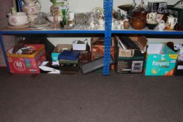 Three boxes of books, cased cutlery, two mantel clocks, binoculars, wallets, coal scuttle, mirrors,