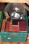 Box of assorted books, silver plated ware, silver spoon and tongs, coins,