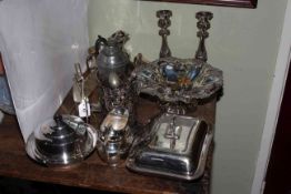 Pair of Victorian silver plated candlesticks and swing handled bucket,