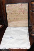1819 alphabet sampler and mid 19th Century linen cushion cover