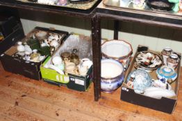 Three boxes of vases, glasses, tea china, two jardinieres,