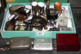 Collection of snuff boxes, hip flasks, silver spoon, jewellery,