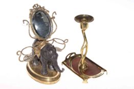 Art Nouveau copper and brass candlestick and elephant mirrored stand (2)