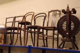 Spinning wheel, Edwardian bedroom chair, four Bentwood chairs,