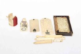 Antique carved ivory aid-de-memoir, stanhope, sewing clamp,