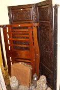 Edwardian inlaid mahogany double bedstead, carved oak two fold screen,