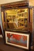 Large framed bevelled wall mirror and large print 'Red Leaves' (2)