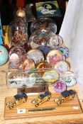 Caithness and other paperweights, model aircraft under glass domes,