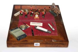 Victorian walnut writing box, Britain lead soldiers,