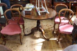 19th Century mahogany circular snap top supper table and four balloon back parlour chairs