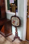 Victorian mahogany floral needlework panelled adjustable pole screen on pedestal tripod base