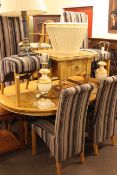 Oval oak pedestal dining table, six high back chairs,