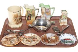 Three pieces of Doulton Dickensware, silver quaich, vesta case, souvenir spoons,
