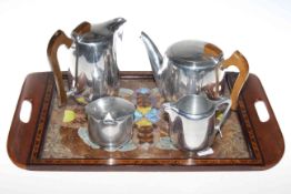Four piece Piquot tea set and inlaid tray