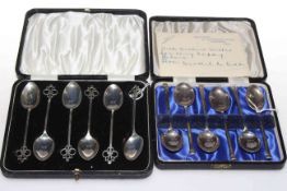 Cased set of six silver teaspoons with pierced handles and another cased set of teaspoons (2)