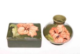 Small Moorcroft hibiscus vase and trinket box on green ground