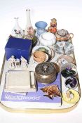 Tray lot with paperweights, Hummel figure, Wedgwood, vases, dishes,
