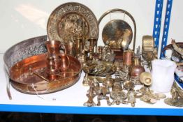 Collection of assorted brass and copper including horse brasses, candlesticks,