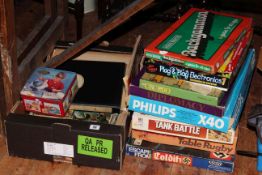 Box of stamps, Commando and other comics, sticker album, vintage board games,
