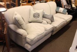 Modern two seater settee and chair on turned legs in grey fabric with four scatter cushions