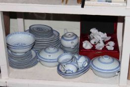 Oriental blue and white tea and dinner service and cased metalware teapot with five cups