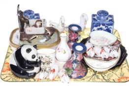 Tray lot with animal ornaments, plates, blue and white caddies,