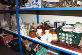 Pottery toilet wares, stoneware jars, kitchen scales, two soda siphons, various china and glass,