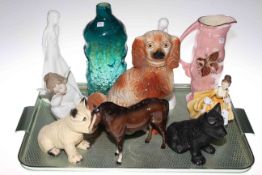 Three Royal Doulton figures, Maling jug, Lladro figure, Beswick horse, glass vase,