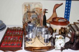 Piquot tea service, commemorative spoon, marmalade and bean slicer, scales, wood birds,