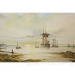 JOHN LEWIS CHAPMAN (BORN 1946), SHIPS ANCHORED OFF SHORE, signed, gouache, framed. 20cm by 26.