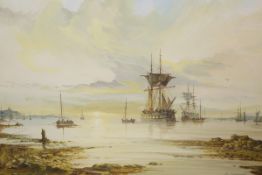 JOHN LEWIS CHAPMAN (BORN 1946), SHIPS ANCHORED OFF SHORE, signed, gouache, framed. 20cm by 26.